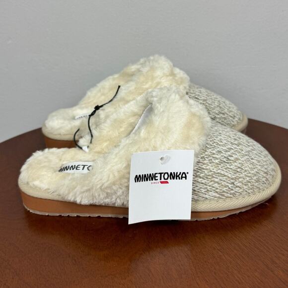 New Minnetonka Sondra Scuff Faux Fur Slipper in Tan Knit Women's Size 5 - Picture 5 of 8
